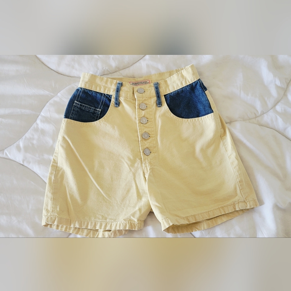 Vintage 90s Yellow Denim Shorts with Blue Pocket Accents
